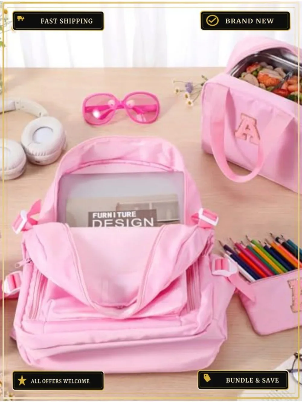 Monogrammed Initial Pink Backpack Set with Lunch Bag and Pencil Case, 3 Piece,